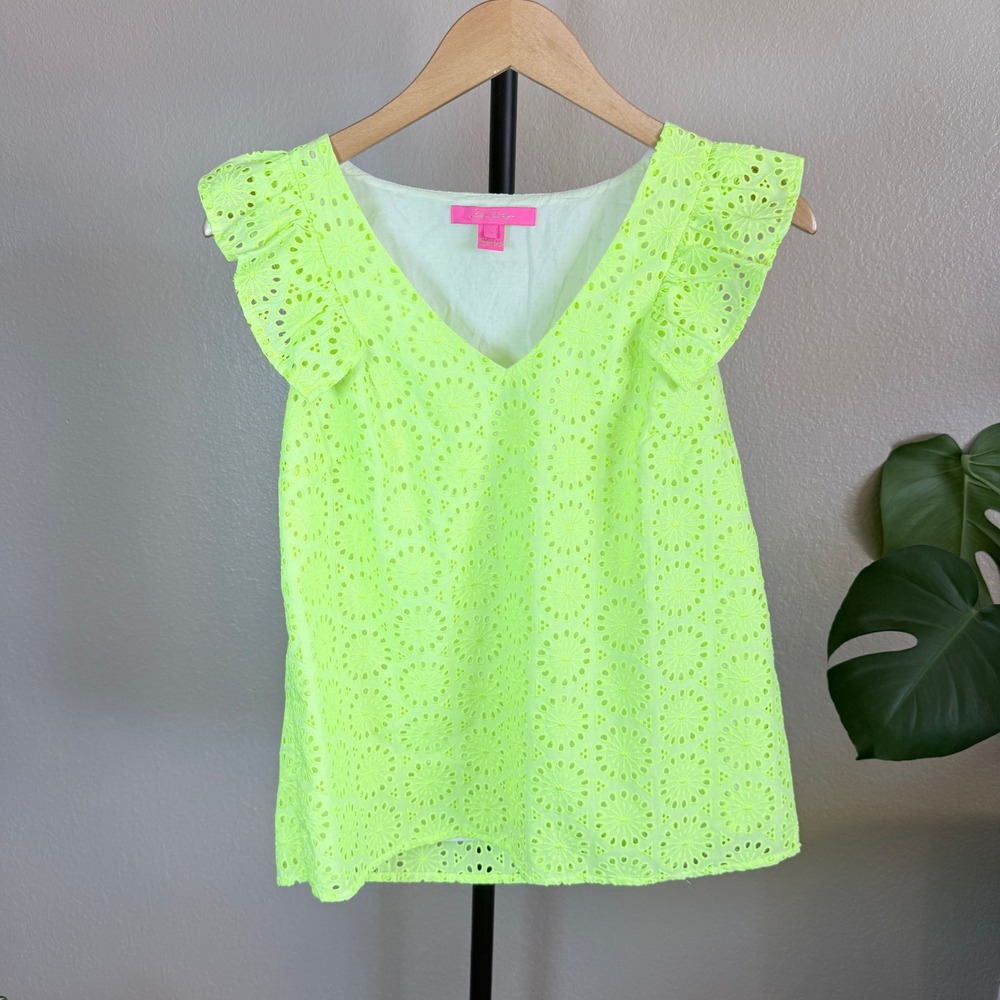 Lilly Pulitzer Neon Yellow Eyelet Flutter Sleeve V-Neck Top S